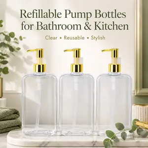 3 Pack 300ML Clear Refillable Pump Bottles, Square Lotion Dispenser Set with Pumps, for Shampoo, Hand Wash, Bathroom & Kitchen Use