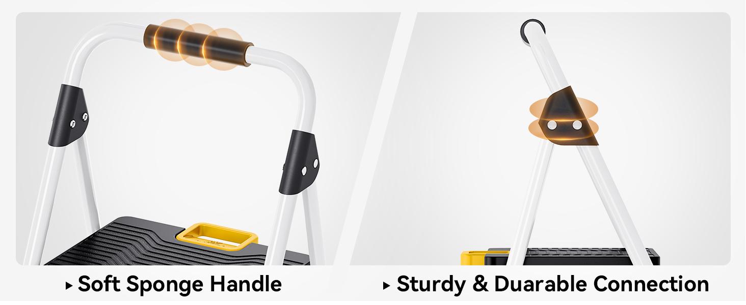 3 Step Folding Ladder, 800lbs Capacity Step Stool with Safety Lock, Non-Skid Wide Pedals, and Handrail, Lightweight, Household Ladder for Home, Kitchen, Pantry, Closets, and Office Use, White