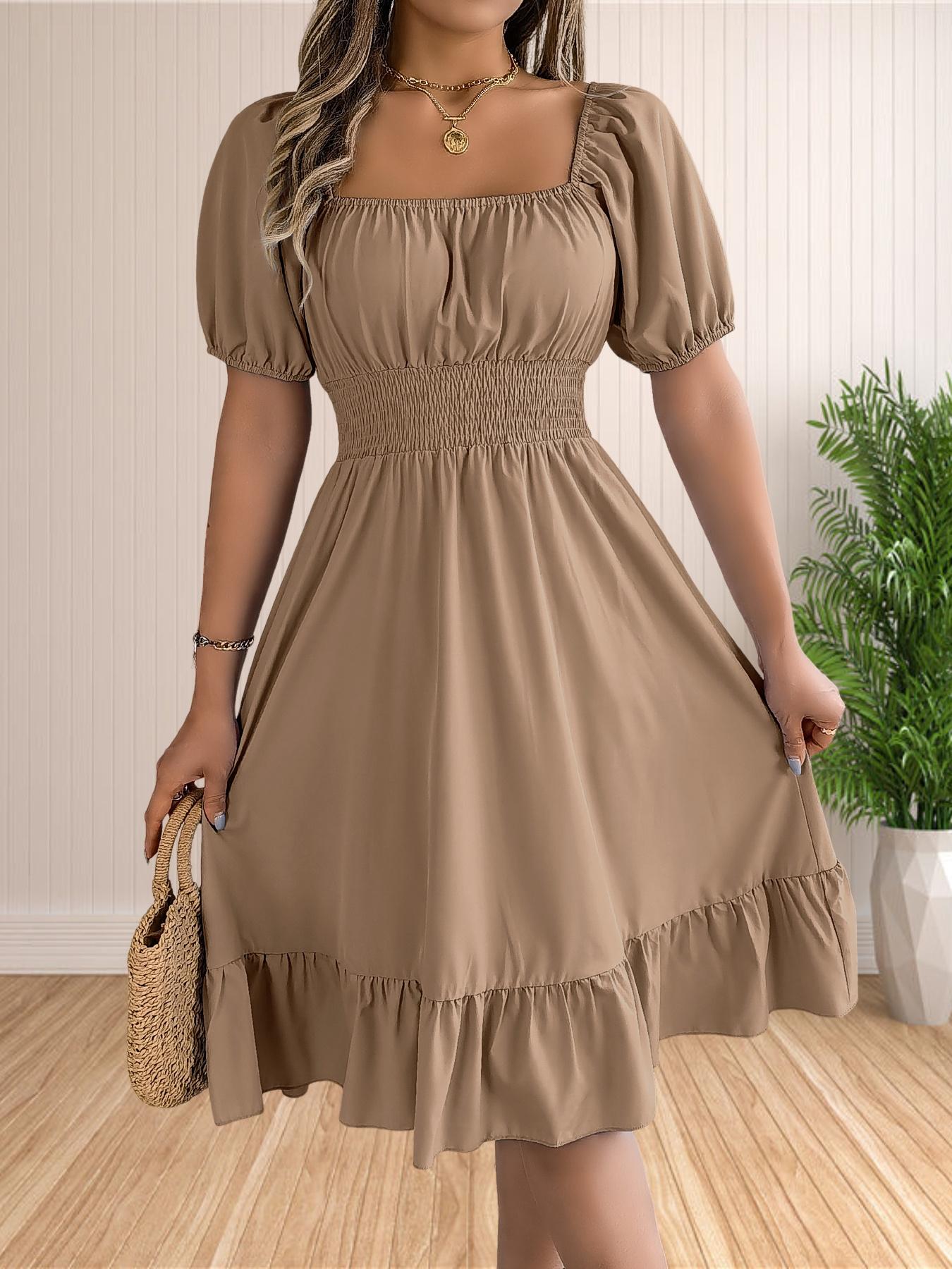 Women's Plain Ruffle Hem Shirred A Line Dress. Casual Fashion Dress. Casual Puff Sleeve Square Neck Knee Length Dress for Summer. Women's Clothing for Daily Wear Women's Plain Ruffle Hem Shirred A Line Dress. Casual Fashion Dress. Casual Puff Sleeve Square Neck Knee Length Dress for Summer. Women's Clothing for Daily Wear