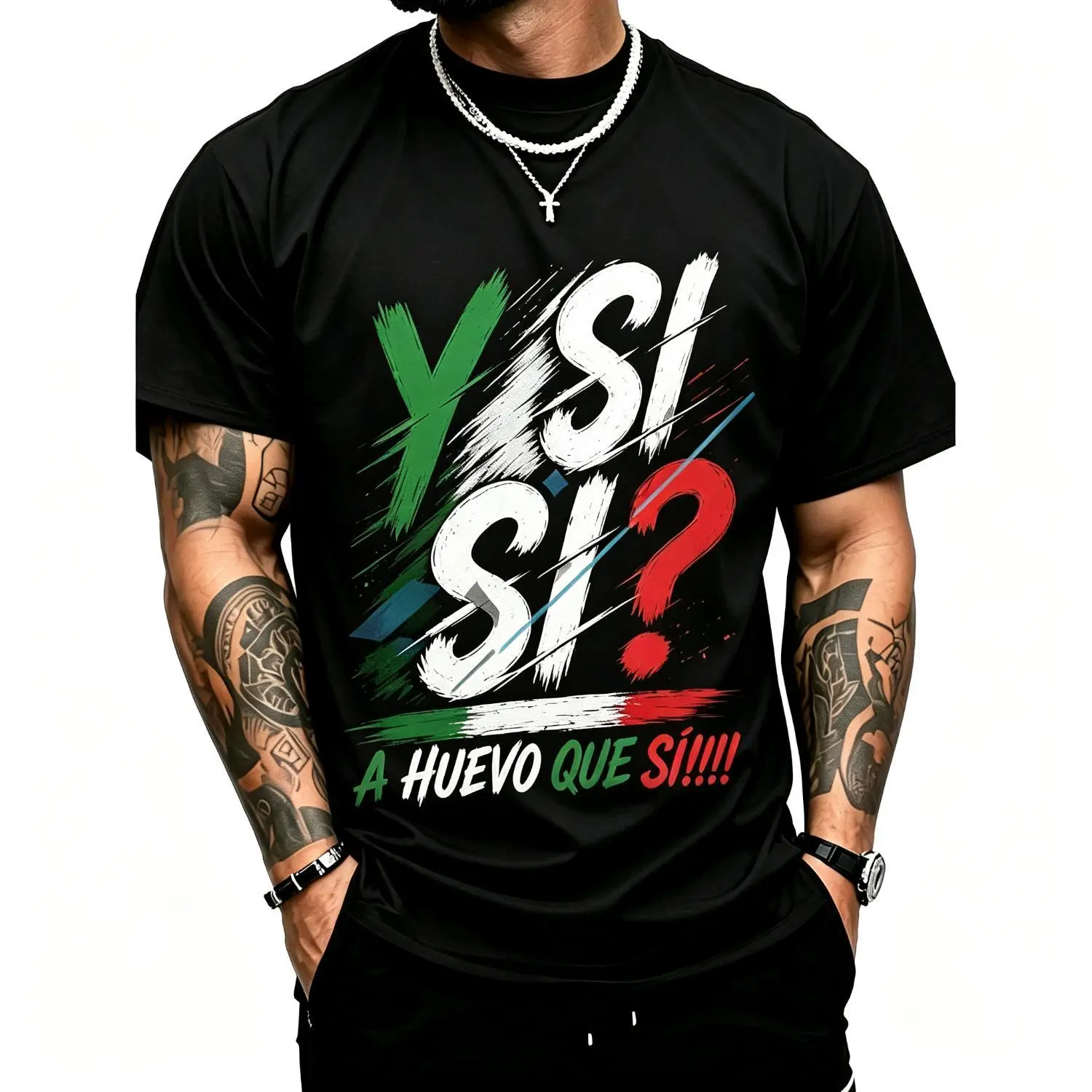 Emicar "Y Si...A Huevo Que Si" Mexico Spirit Men's Round Neck Short-Sleeve Casual T-Shirt, Mexican Flag Colors Bold Graphic Print Top Apparel