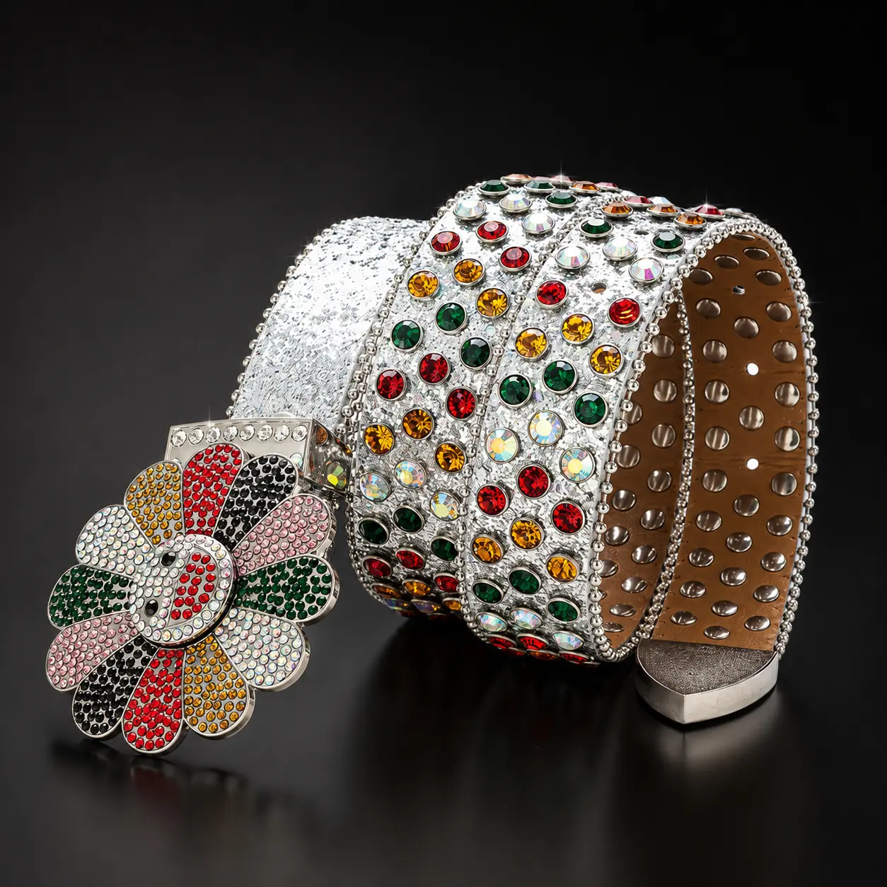 Women’s Multicolor Rhinestone Sunflower Belt, Rotating Flower Buckle Bling Waist Belt, Punk Hip Hop Y2K Western Belt for Jeans, Concerts, Festivals and Party Outfits