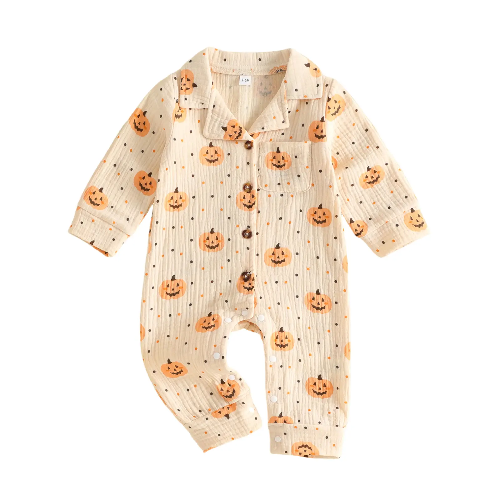 Babamoon Newborn Infant Baby Boy Girl Halloween Romper Pumpkin Dot Long Sleeve Button-up Jumpsuit Pajamas Sleepwear