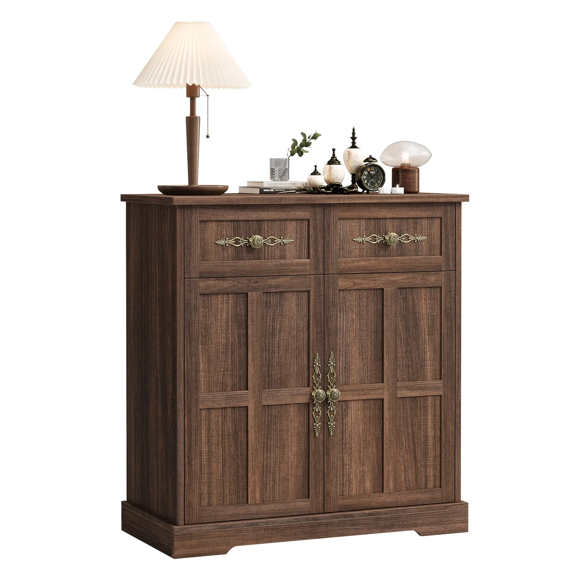 Farmhouse Buffet Sideboard Cabinet, 4 Drawers 2 Doors with Adjustable Shelves & Gold Handles, Modern Storage for Dining Room, Kitchen & Coffee Bar, Compact 33.5 Inch