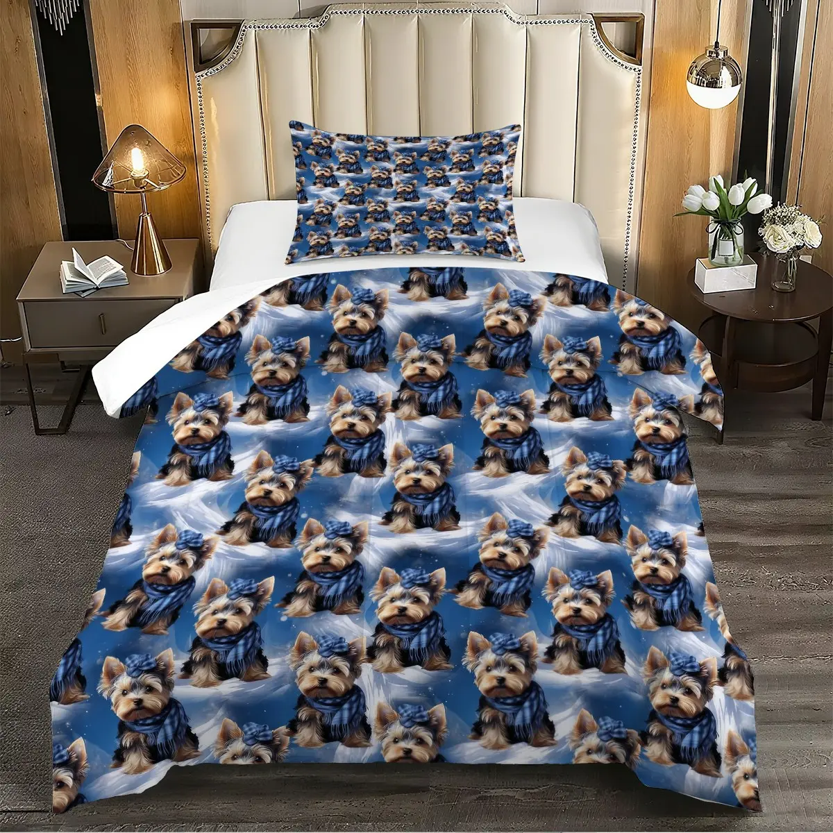 2/3pcs Cute Yorkshire Terrier  Printed Quilt Set, Cartoon Yorkshire Puppy Printed Bed Set, Soft Microfiber Quilted Quilt, Lightweight And Breathable,For Children And Teenagers' Bedroom Home Decor, Includes 1 Or 2 Pillowcases (Excluding Pillow Core)
