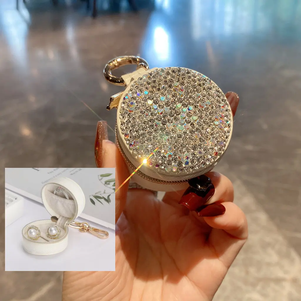Compact Mini Rhinestone Jewelry Box, Portable Travel Organizer for Rings, Earrings, and Small Accessories, Mini Diamond, Diamond Round Mini Storage Box, Sparkly
