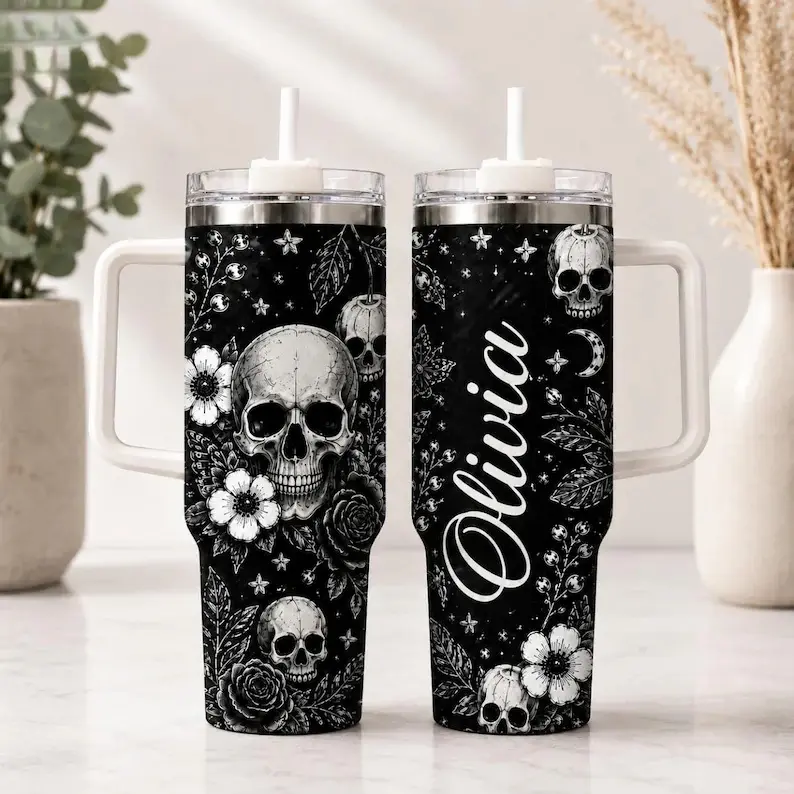Women's Gothic Floral Skull 40oz Stainless Steel Insulated Flask - Aesthetic Coffee Bottle with Handle, Straw, Black-White Rose Moon Print, Halloween Gift