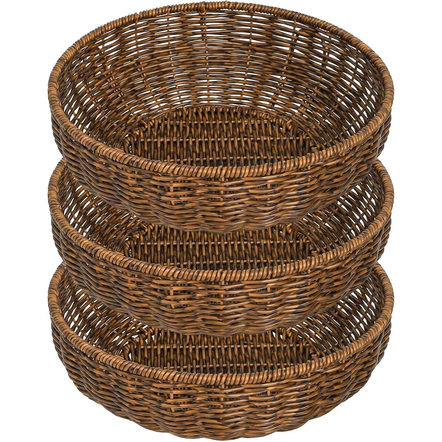 Hedume 3 Pack Round Wicker Baskets, Fruits Bread Baskets, Tabletop Food Serving Baskets Trays, Handwoven Storage Basket Bin, Fruit Vegetables Sundries Storage Basket for Home, Restaurant, Bakery