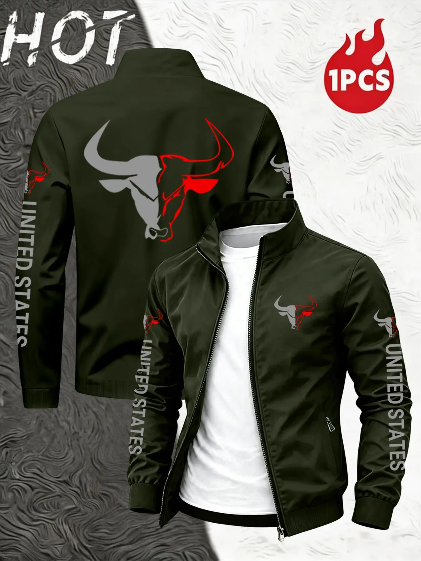 Men's Lightweight Zipper Jacket, United States Letter Print, Casual Loose Fit, Ideal for Spring Fall Outdoor Activities, Daily Wear Comfort