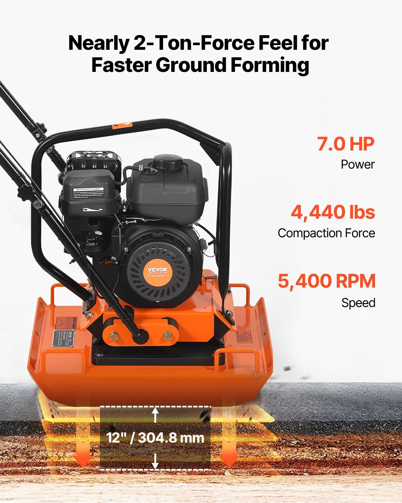 VEVOR Plate Compactor, 7 HP 196CC Gas Engine, 5400 VPM Vibrating Ground Rammer, 4440 lbs Compaction Force, 23 x 18 in Plate, Walk Behind Compactor for Paver Landscaping, Asphalt, Foundation, Soil VEVOR Plate Compactor, 7 HP 196CC Gas Engine, 5400 VPM Vibrating Ground Rammer, 4440 lbs Compaction Force, 23 x 18 in Plate, Walk Behind Compactor for Paver Landscaping, Asphalt, Foundation, Soil