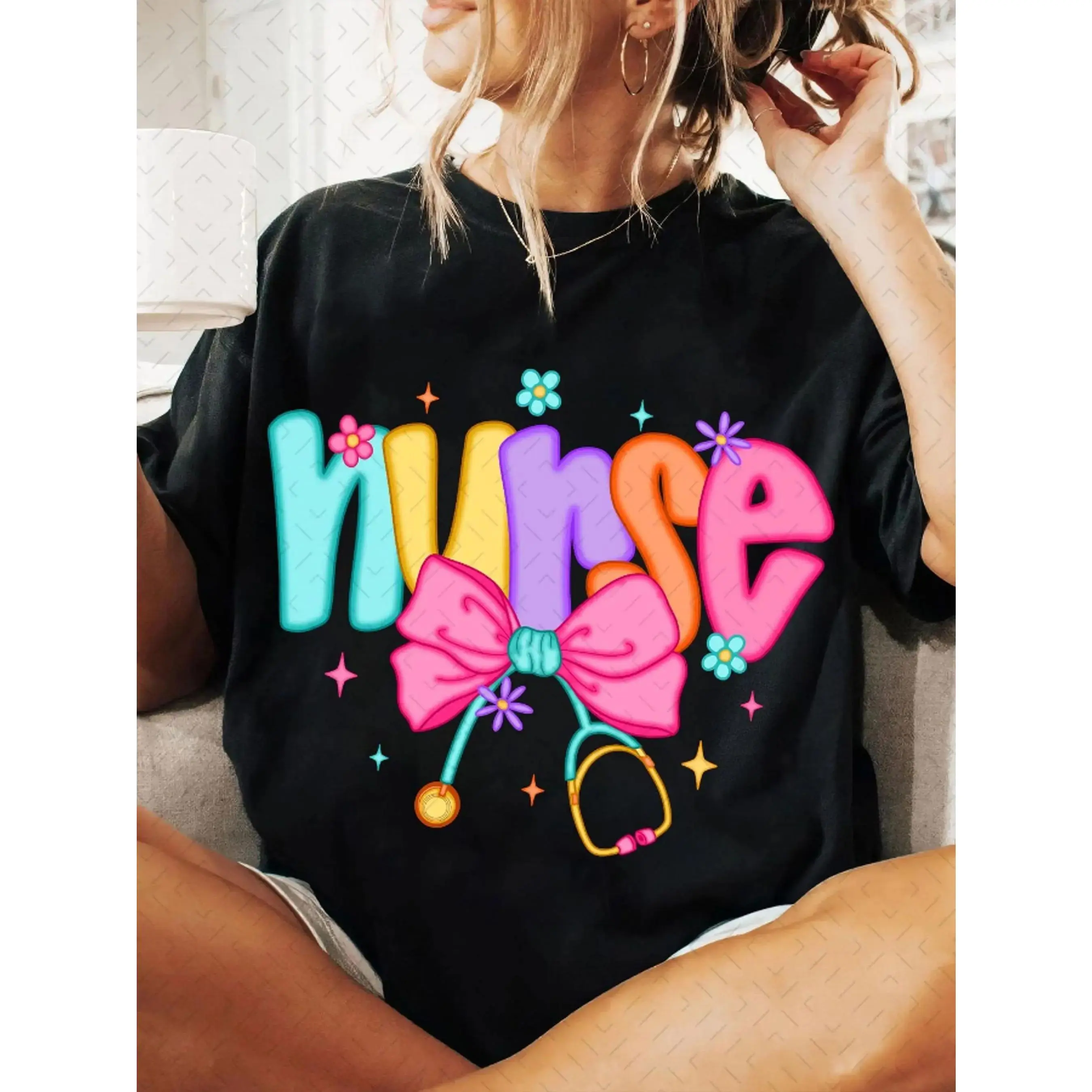 Plus Size - Pre College Nurse Flower PNG, Stethoscope Bow PNG, Blue Daily PNG, Adorable Nurse Life Letter Design, Stylish Short Sleeve T-Shirt, Letter Print T-Shirt, Round Neck, Soft Comfortable Breathable Material