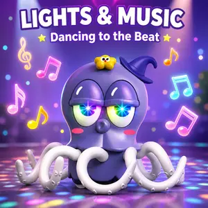 Educational electric octopus for toddlers 18M+. Glowing eyes, sensor escape & dance, sound light & recording, detachable, charging cable included, great baby gift.