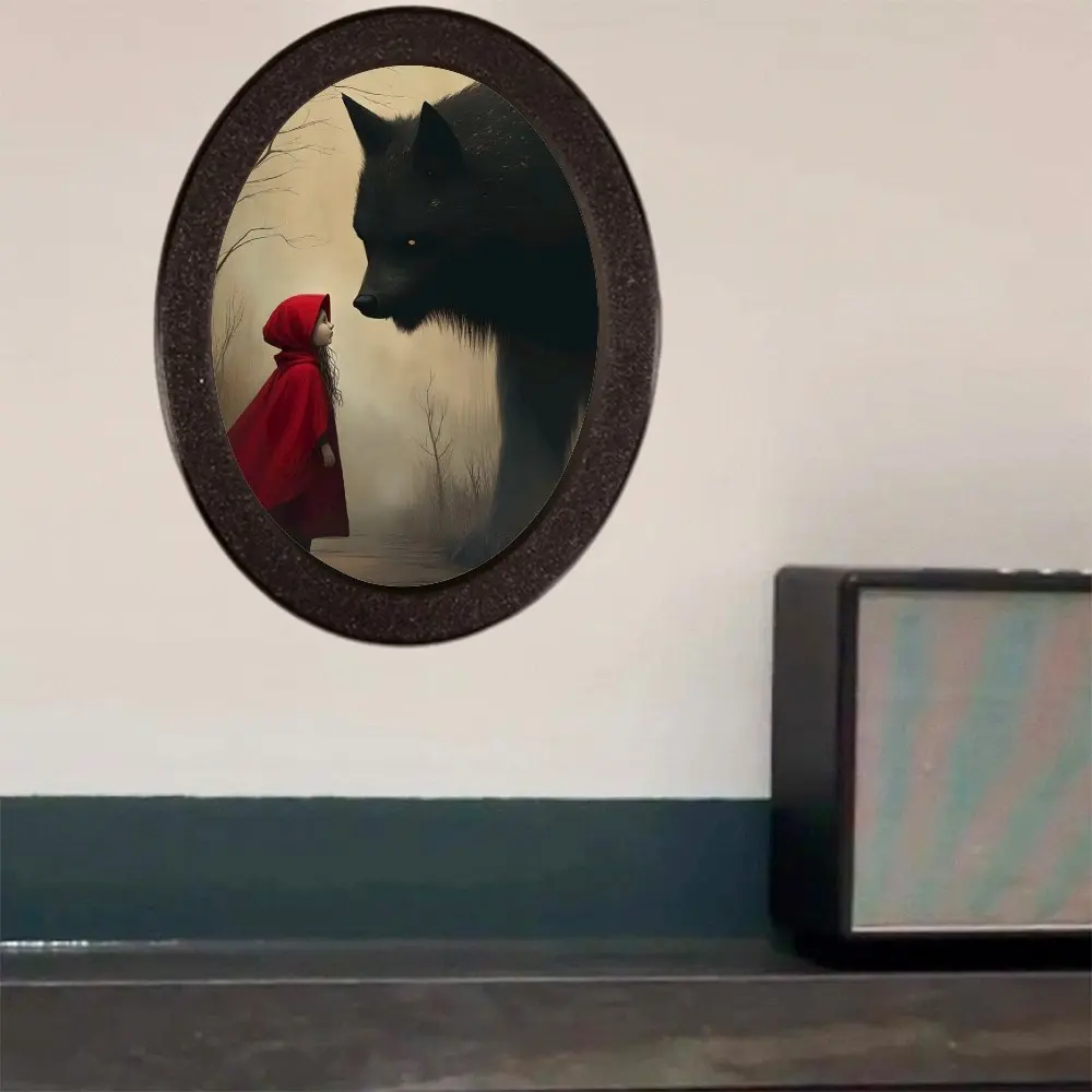 1PC Halloween Little Red Riding Hood & Black Wolf Oval Wall Hanging, Vintage Distressed Wall Ornament, Dark Style Home Wall Decor