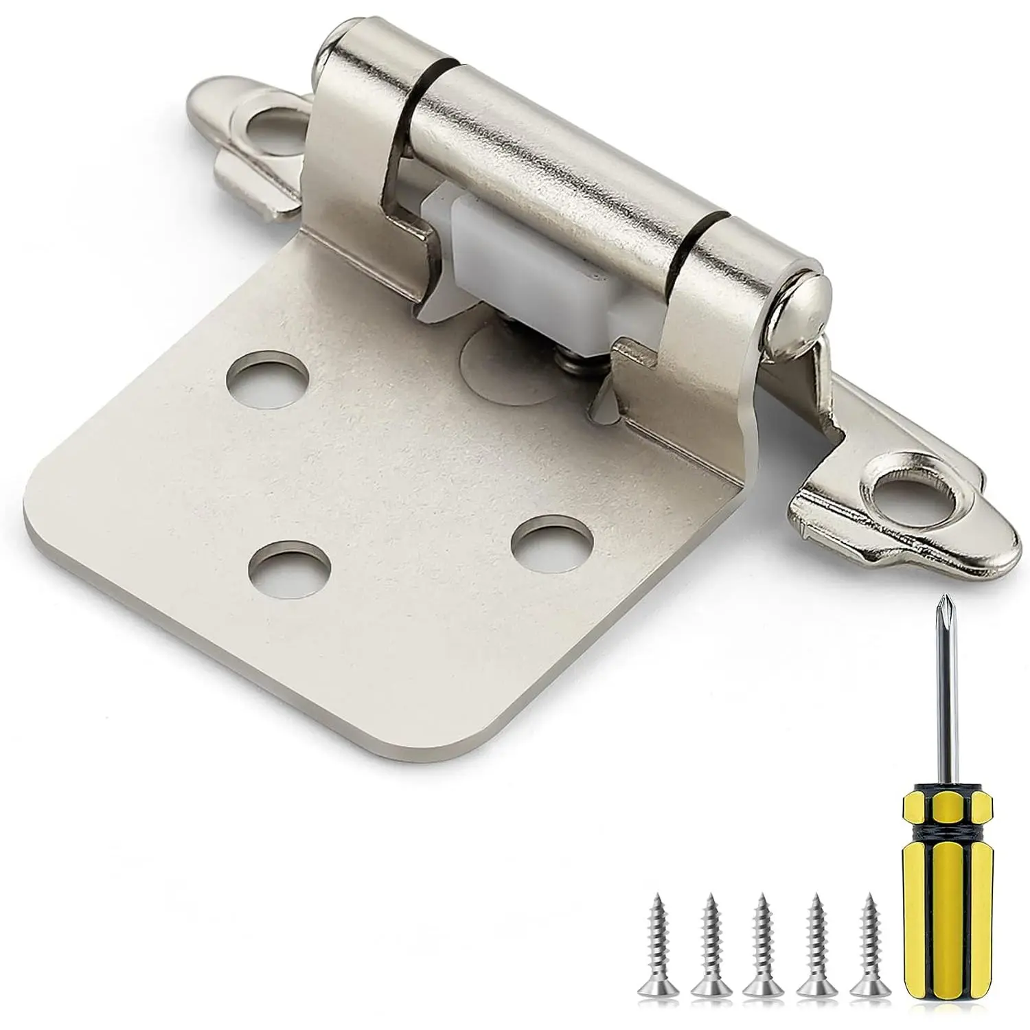 Satin Nickel Self-Closing Half Overlay Hinges for Frame Cabinets, 1/2" Offset Semi-Wrap Around Cabinet Hardware, 6 Pack with Hinges + Screws