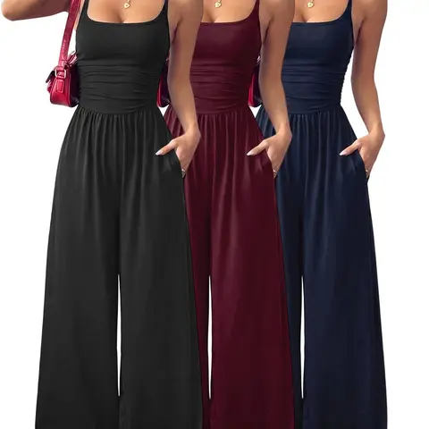 Trendy Fall Ladies 3 Pack Halter Cami Jumpsuits, Ruched Waist Wide-Leg One-Piece, Height-Enhancing Chic Casual Romper with Pockets
