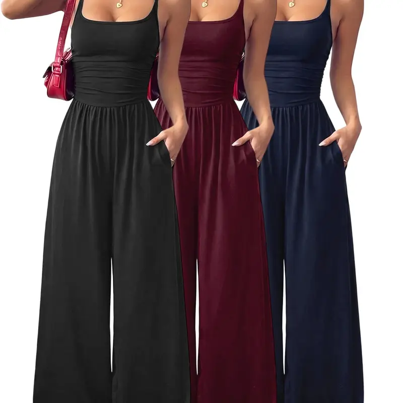 Trendy Fall Ladies 3 Pack Halter Cami Jumpsuits, Ruched Waist Wide-Leg One-Piece, Height-Enhancing Chic Casual Romper with Pockets