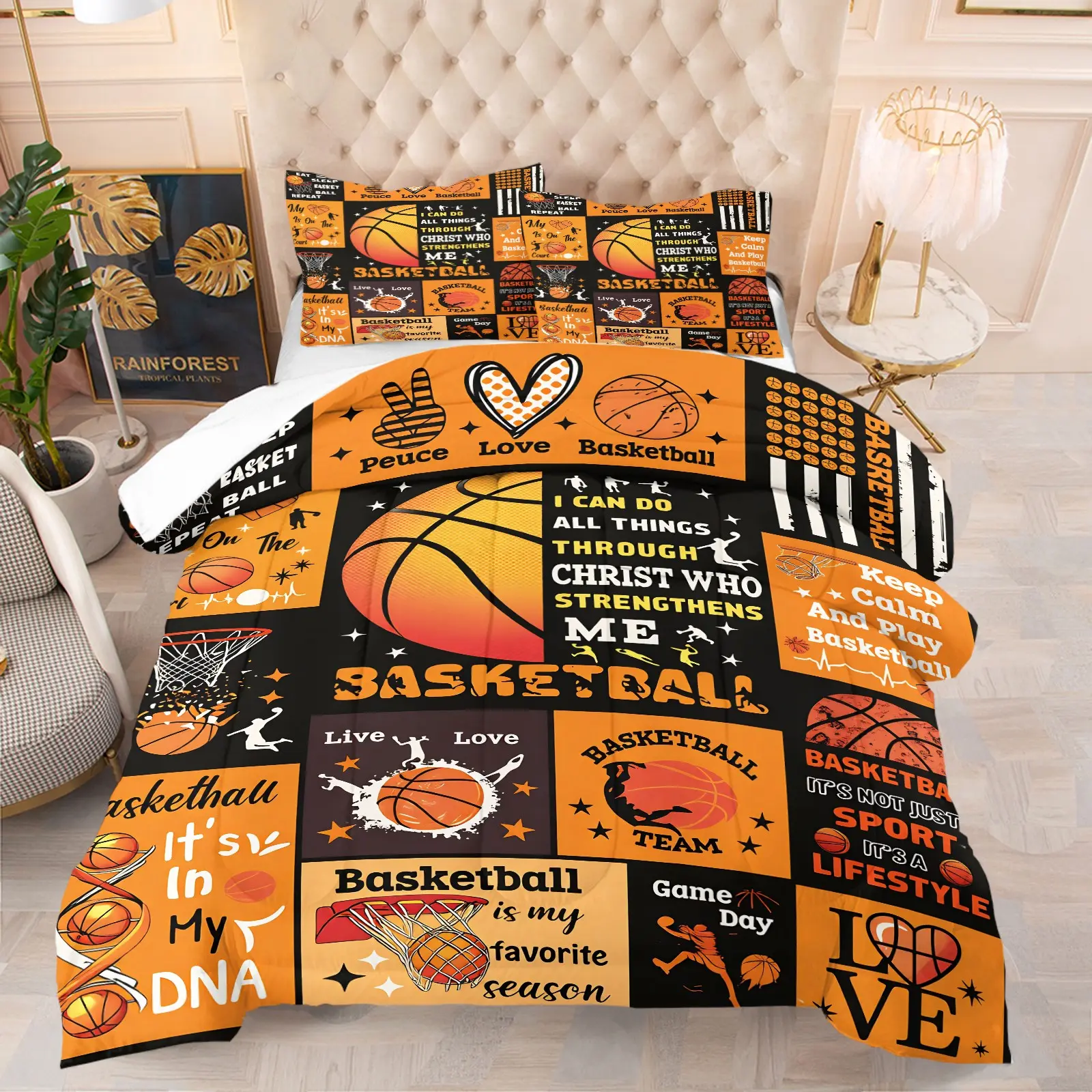 2/3-Piece Basketball Patchwork-Style Comforter Set – Soft and Comfortable Bedding Set Featuring Inspiring Motivational Sports Quotes; Classic, Stylish Decor for Teen Boys' Basketball-Themed Bedrooms (Includes 1 Quilt + 1 or 2 Pillowcase)