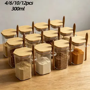 Hexagonal Glass Spice Jars, Airtight Food Storage Canisters, Bamboo Lid & Wooden Spoon, Clear Hex Glass Kitchen Containers, Pantry Organizer