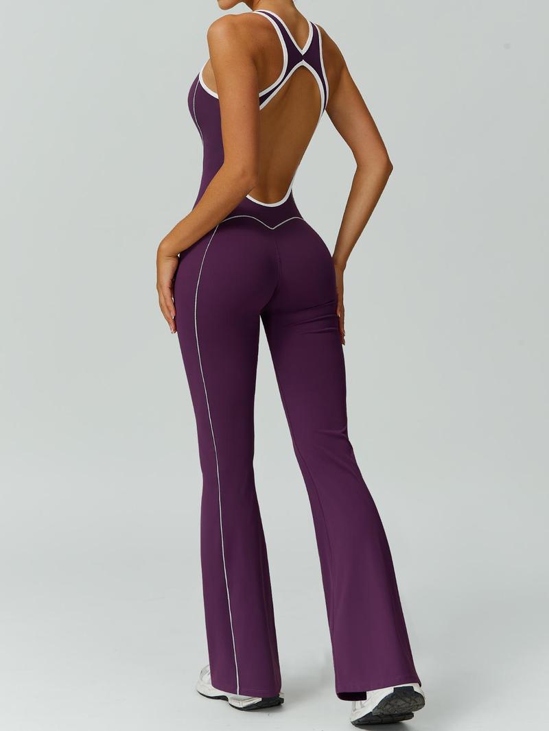 Women's color blocked backless jumpsuit comfortable and nude with a cinched waist sleeveless U-neck wide leg flared pants yoga clothes jumpsuit suitable for gym training outdoor running dancing tennis seasonal fashion contrasting Backless Sports Jumpsuit