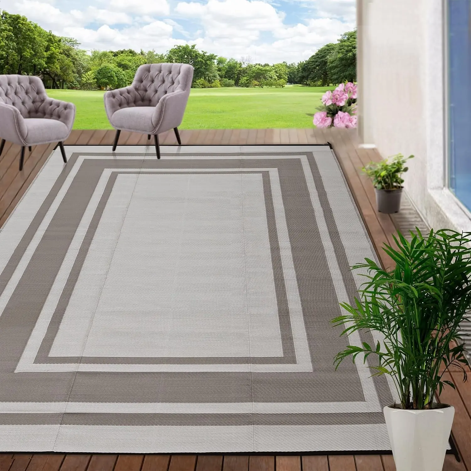 Outdoor Rugs 5x8 for Patios Clearance,Waterproof Plastic Straw Mats for Porch,Deck,RV,Backyard,Balcony,Reversible,Recyclable,Easy to Clean,Modern Geometric