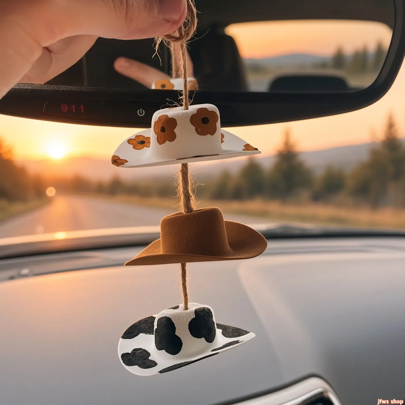 Cute Handmade Felt Cowgirl Hat Car Charm, Sunflower & Cow Print Rearview Mirror Hanging Decor – Western Country Car Accessories for Women & Girls, Aesthetic Boho Mini Hat Ornament tiktokshopbacktoschool