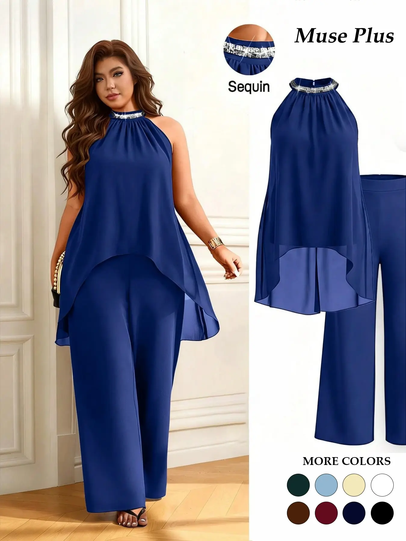 Women's Plus Size 2 Piece Outfits Clothes Sequin Halter Neck Sleeveless Flowy Top Wide Leg Pants Set Asymmetrical Hem Elegant Formal Evening Party Wedding Guest Trendy Chic