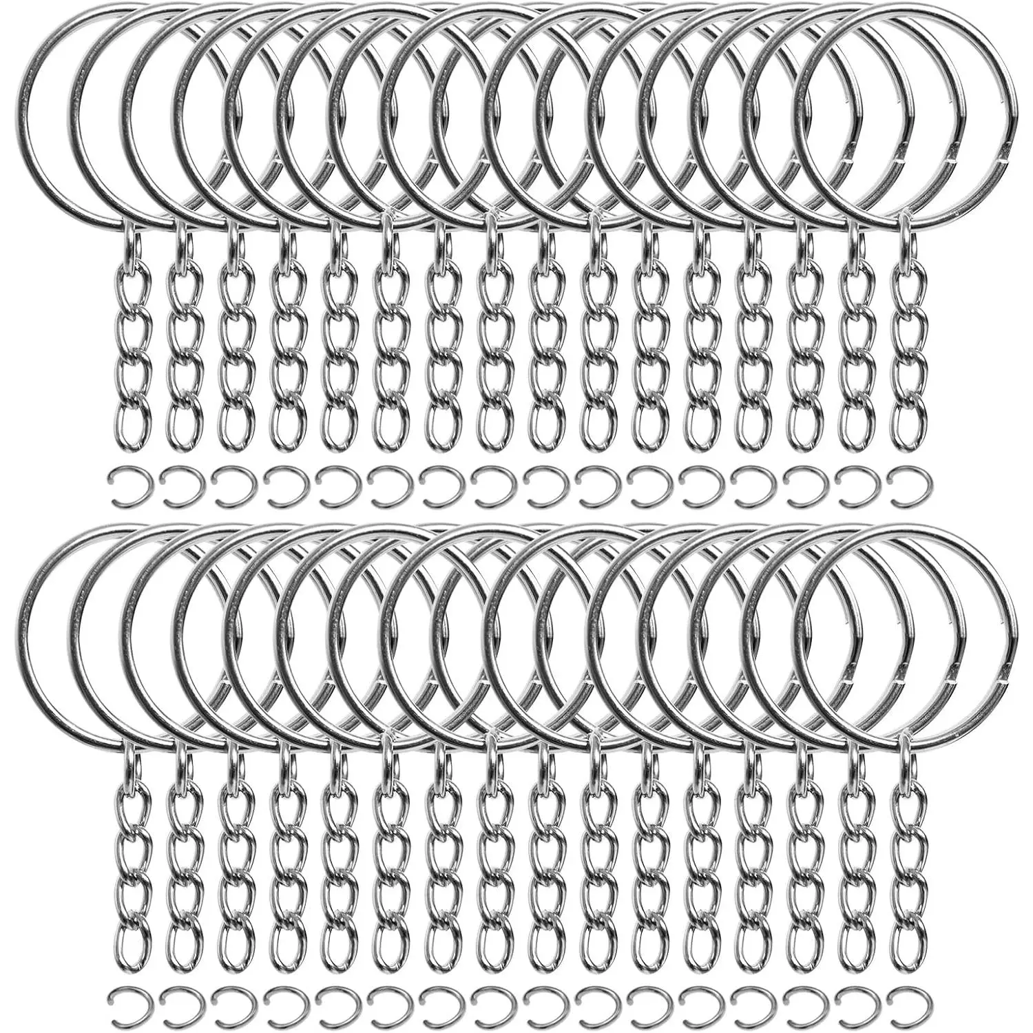 50 count Bulk Keychains Set, Split Keychains Rings with Chain 1 inch, Key Rings, Key Chain Rings,  Ring  with Open Jump Ring and Connector.