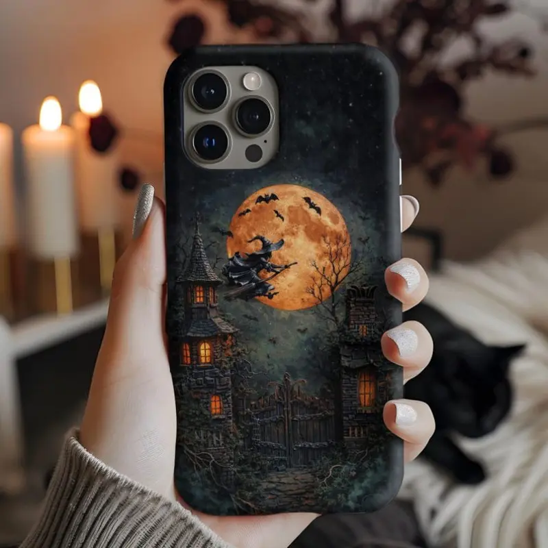 Halloween Witch Phone Case, Spooky Gothic Cottagecore Design, Compatible with Apple iPhone Models 17-11 Pro Max, Striped Pattern
