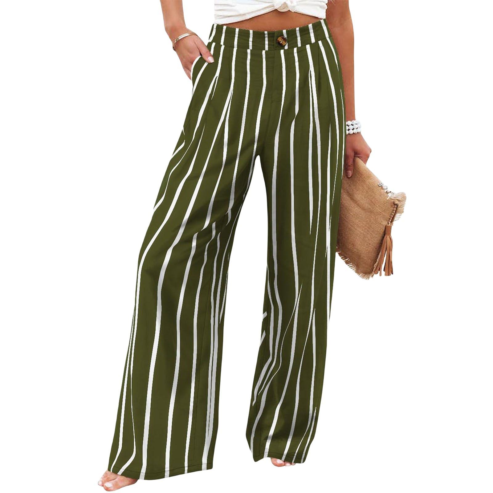 Women's Commuting and Vacation Summer Comfortable High-Waisted Long Pants with Buttons, Elastic Waist, Wide-Leg Casual Straight Pants
