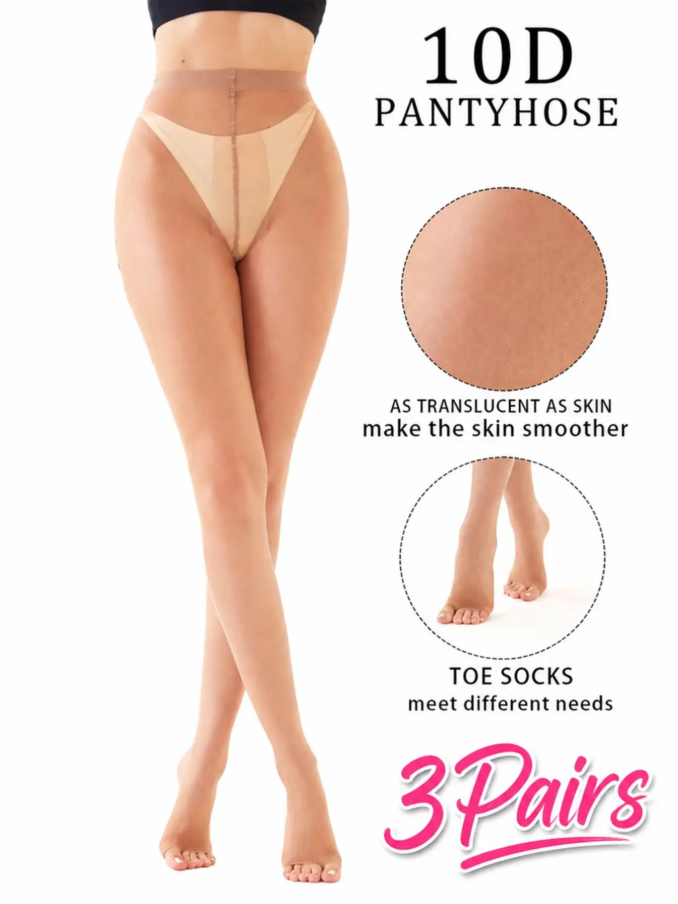 3-Pack Women's 10D Transparent Open Crotch Thong Pantyhose, Non-Slip Skin Tone Pantyhose, Toe-Exposing Tight Fit for Parties and Daily Wear
