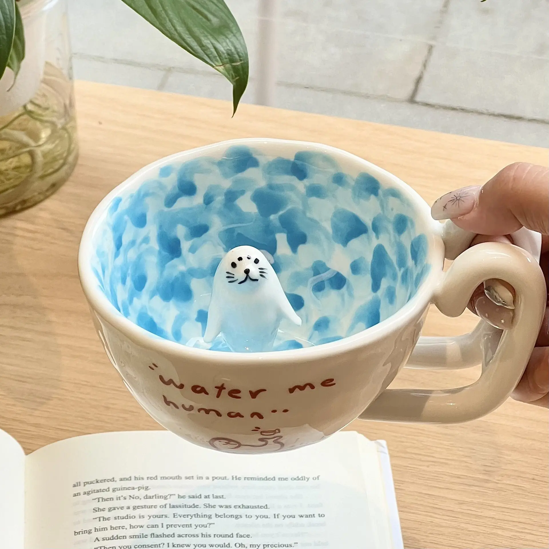Cartoon Pool Swimming Seal Mug, Ceramic Cup, Cute Creative Breakfast Coffee Milk Anime Accessories, Fun and Unique Drinkware