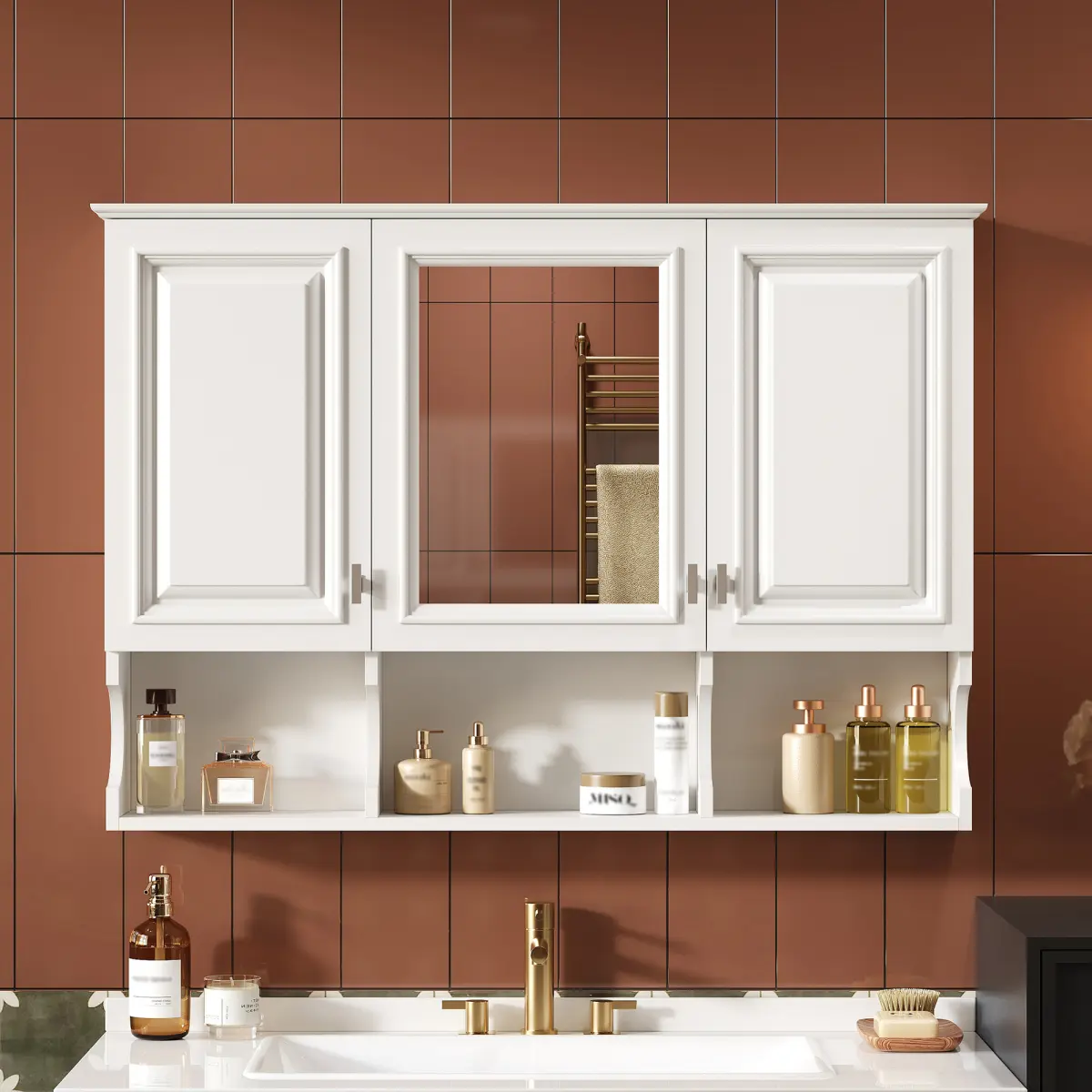 Aobtkel 41-Inch Multi-Level Shelving Mirror Cabinet - MDF+Iron Wall-Mounted Dual Storage, Open Shelving, Adjustable Shelf, Door-Opening Mirrored Panel Bathroom Entryway Furniture, Dual Storage Bathroom Furniture