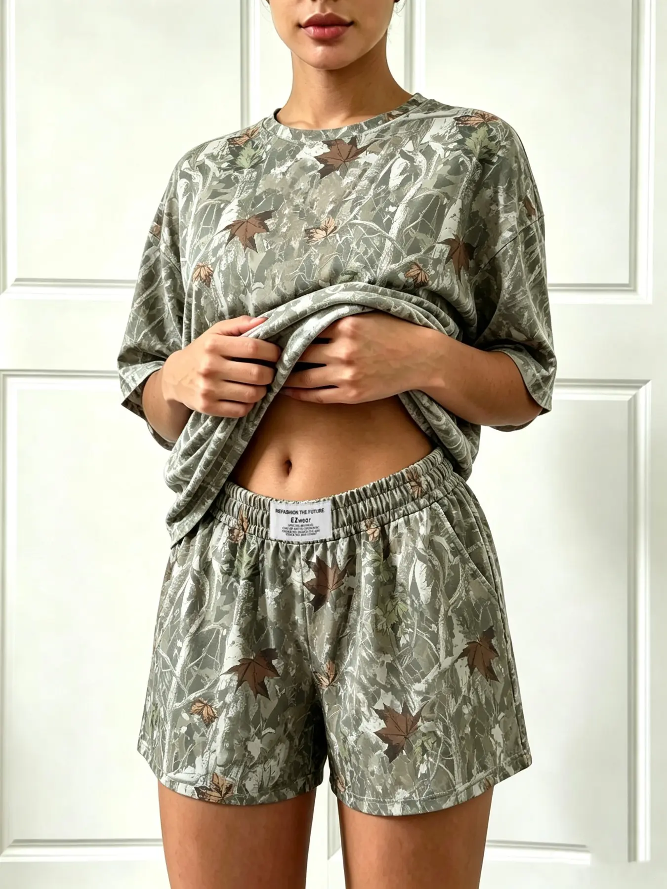 2 Piece Camo Sports Set for Women, Loose Fit Short Sleeve Top & Elastic Waist Shorts, Casual Daily Camping, Comfortable and Stylish
