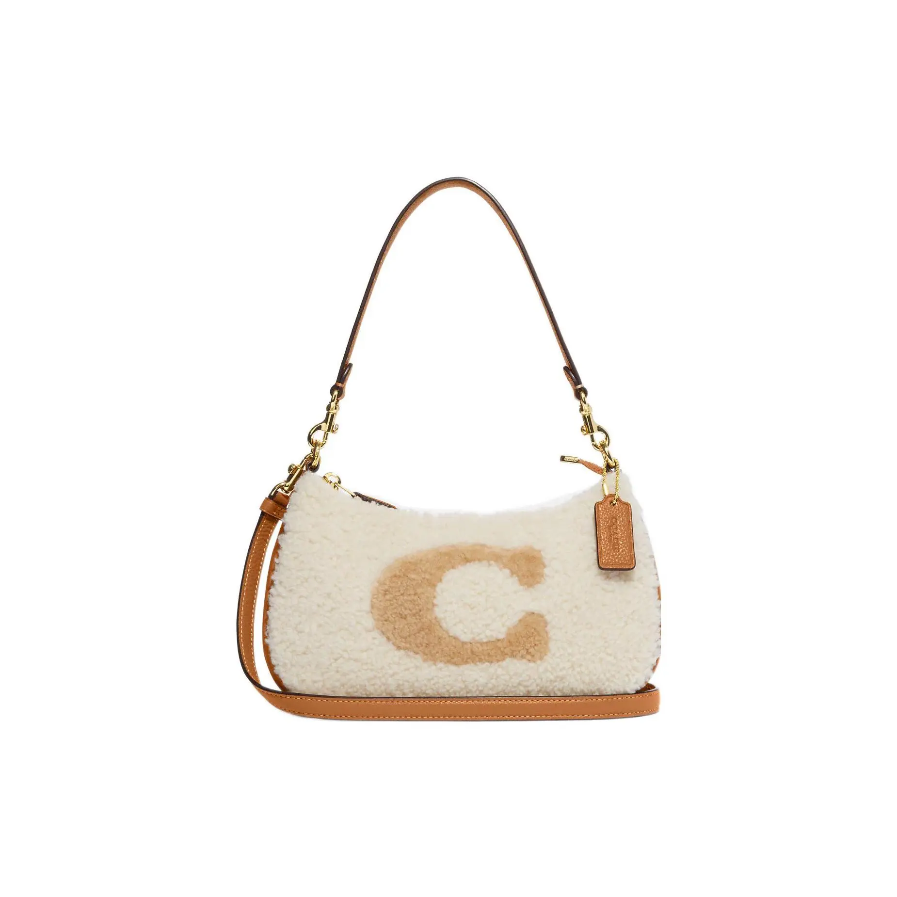 COACH Teri 24 Fuzzy Zip-Top Crossbody Handbag for Women – Suede and Leather in Tan