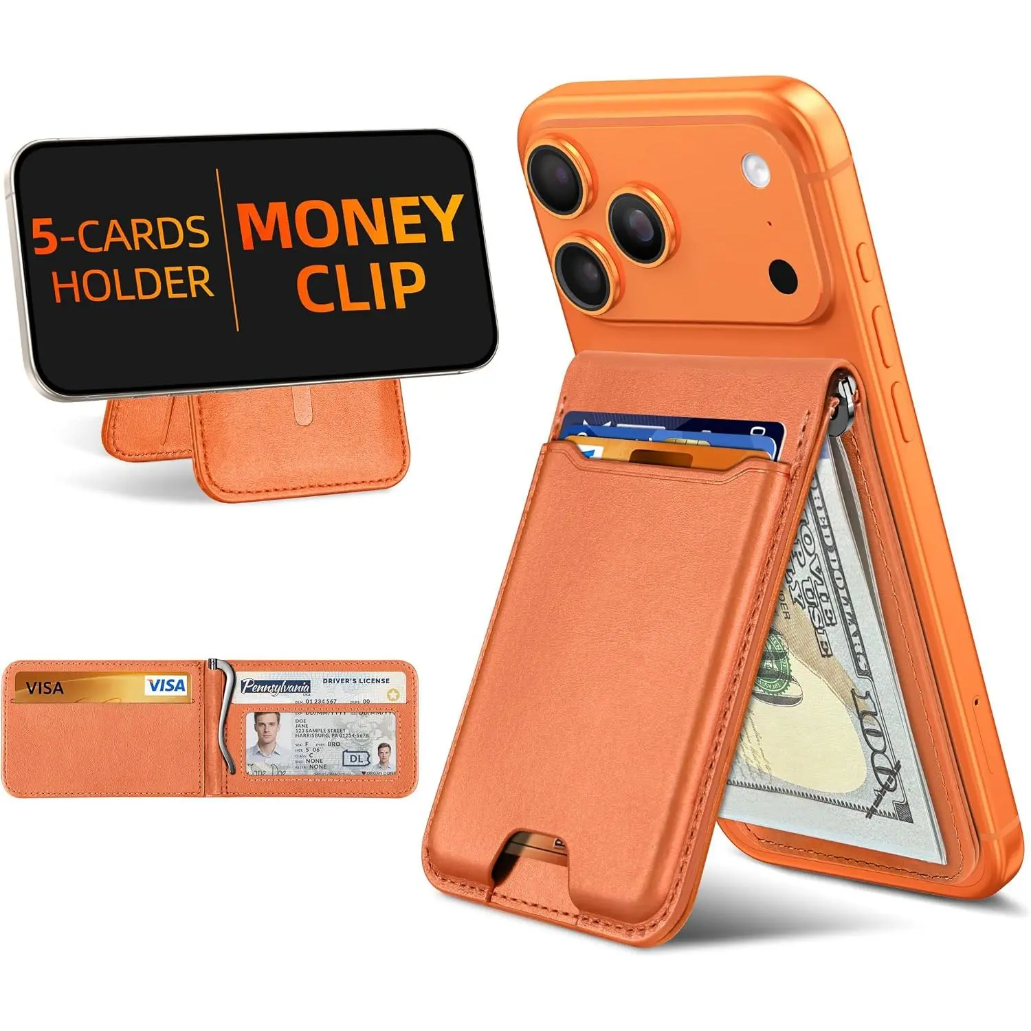 Wallet with Money Clip, 5 Card Holder, Adjustable Stand