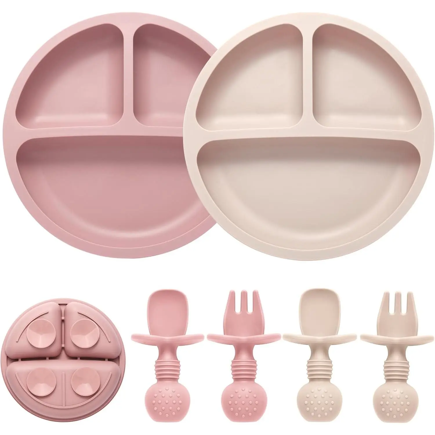 Silicone Baby Led Weaning Feeding Set Bundle - 2 Divided Suction Toddler Plates, 2 Spoon & Fork Utensils, BPA Free, Prop 65 Safe Dinnerware, Divided Plate