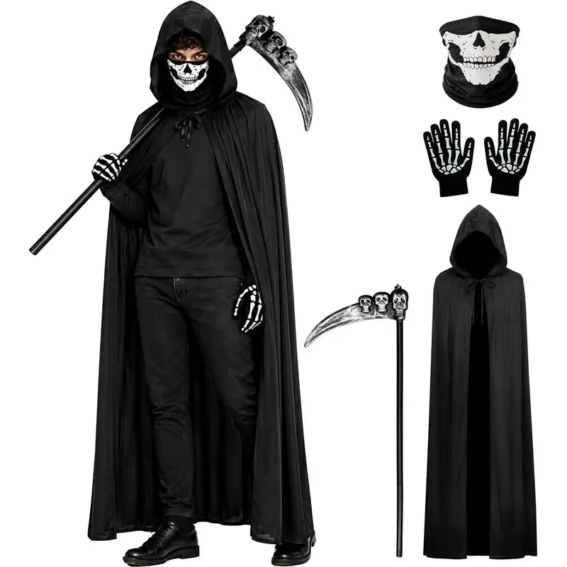 Grim Reaper Cloak Costume Halloween Hooded Cape Cosplay Scary Outfit Set |   Unisex |   Lightweight & Breathable |   Set with Mask & Gloves & Scythe |   One Size Fits All (59″)