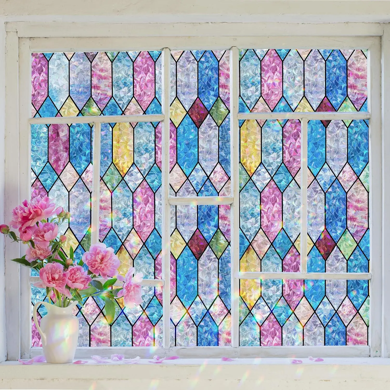 Window  Film, Rainbow Decorative Stained Glass Window Film, Static Cling Lattice Glass Covering, Window Tint Sticker for  Decor & UV Heat Blocking, 17.3 x 78.7 Inches