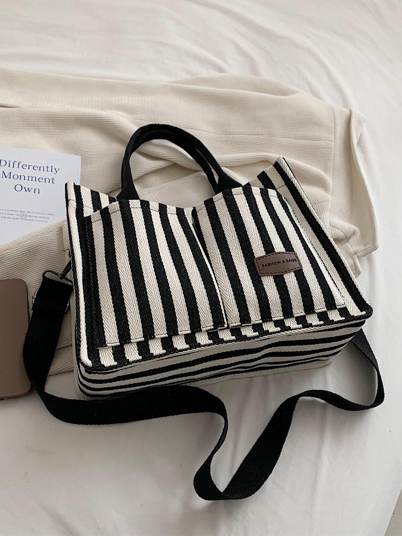 Women's Stripe Tote Bag, Large Capacity Shoulder Bag for Daily Used, Casual Trendy Versatile High-quality Daily Commuting Bag, Girl Fashionable Shopping Bag