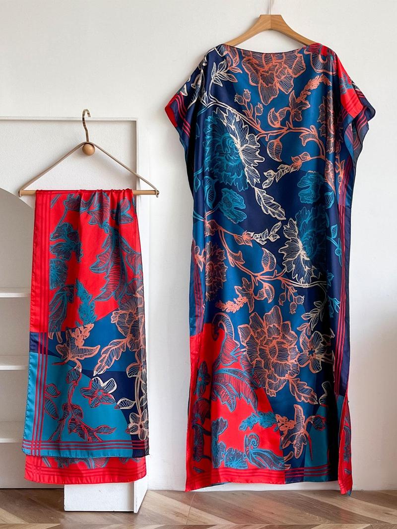 Women's Floral Print Long Dress & Scarf Set, Boho Casual Shawl Dress & Scarf Set for Beach Vacation Holiday, Ladies Clothes for All Seasons