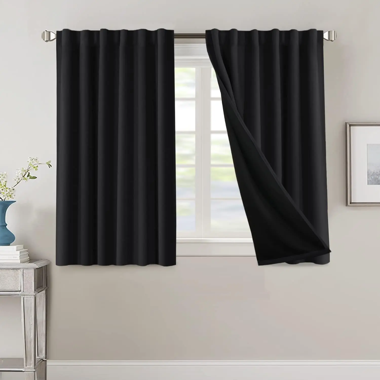 100% Blackout Thermal Curtains with Thermal Liner & Black Back Tab-Rod Drapes, 45-Inch Jet Black 2-Panel Set for Bedroom Living, Full Room Dark, Indoor Privacy & Contemporary Look