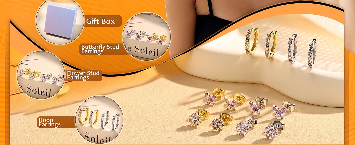 Jstyle 3 Pairs 925 Sterling Silver Earrings for Women Grils Hypoallergenic Silver/Gold Stud Hoops Earrings Set Dainty Studs Huggies Earings Flower Butterfly Earrings Sets for Multiple Piercings