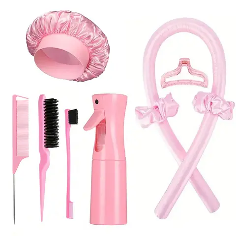 Heatless Curling Rod Set with Satin Roller – Overnight No-Heat Curls Kit with Bonnet, Spray Bottle & Styling Tools, Curly Hair Kit, Heatless Hair Curlers, Soft Curls, Wavy Curls, Heat Free Curls