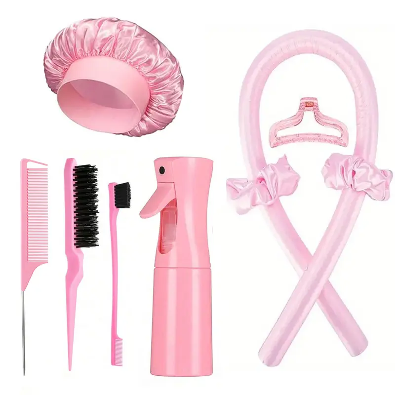Heatless Curling Rod Set with Satin Roller – Overnight No-Heat Curls Kit with Bonnet, Spray Bottle & Styling Tools, Curly Hair Kit, Heatless Hair Curlers, Soft Curls, Wavy Curls, Heat Free Curls
