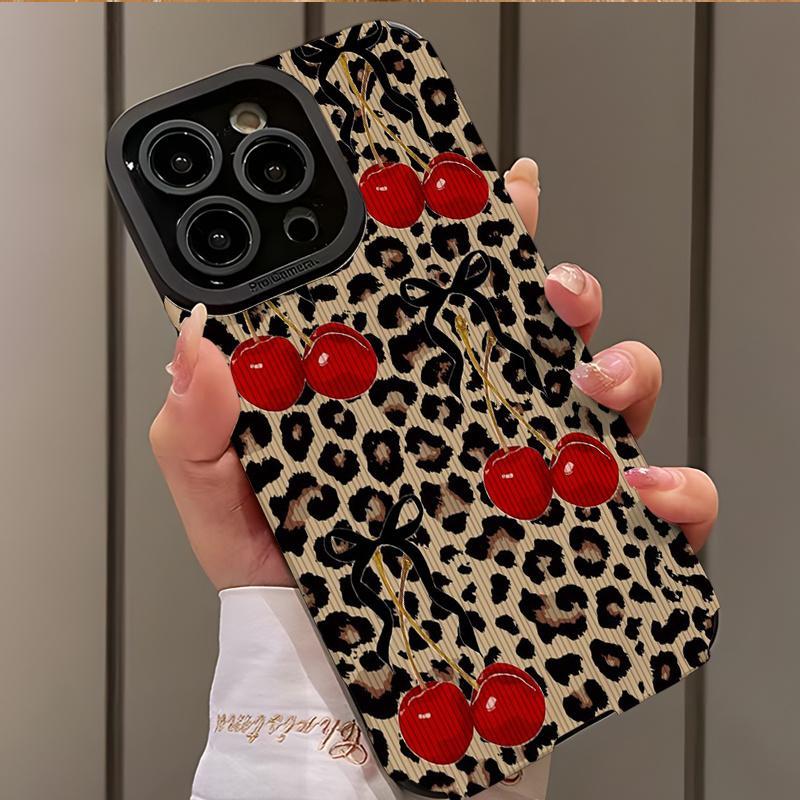 Bowknot Leopard Cherry Pattern Design Shockproof Slim Phone Case, Compatible with iPhone 16/15/14/13/12/11/Plus/Pro Max, Stylish and Perfect Gift for Friends and Lovers