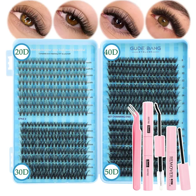 20D/30D/40D/50D, high-capacity false eyelash extension sets, high volume, multiple specifications available, including lash glue, tweezers, and remover solution. Individual false eyelash cluster sets, D-curve curled false eyelash extension sets.