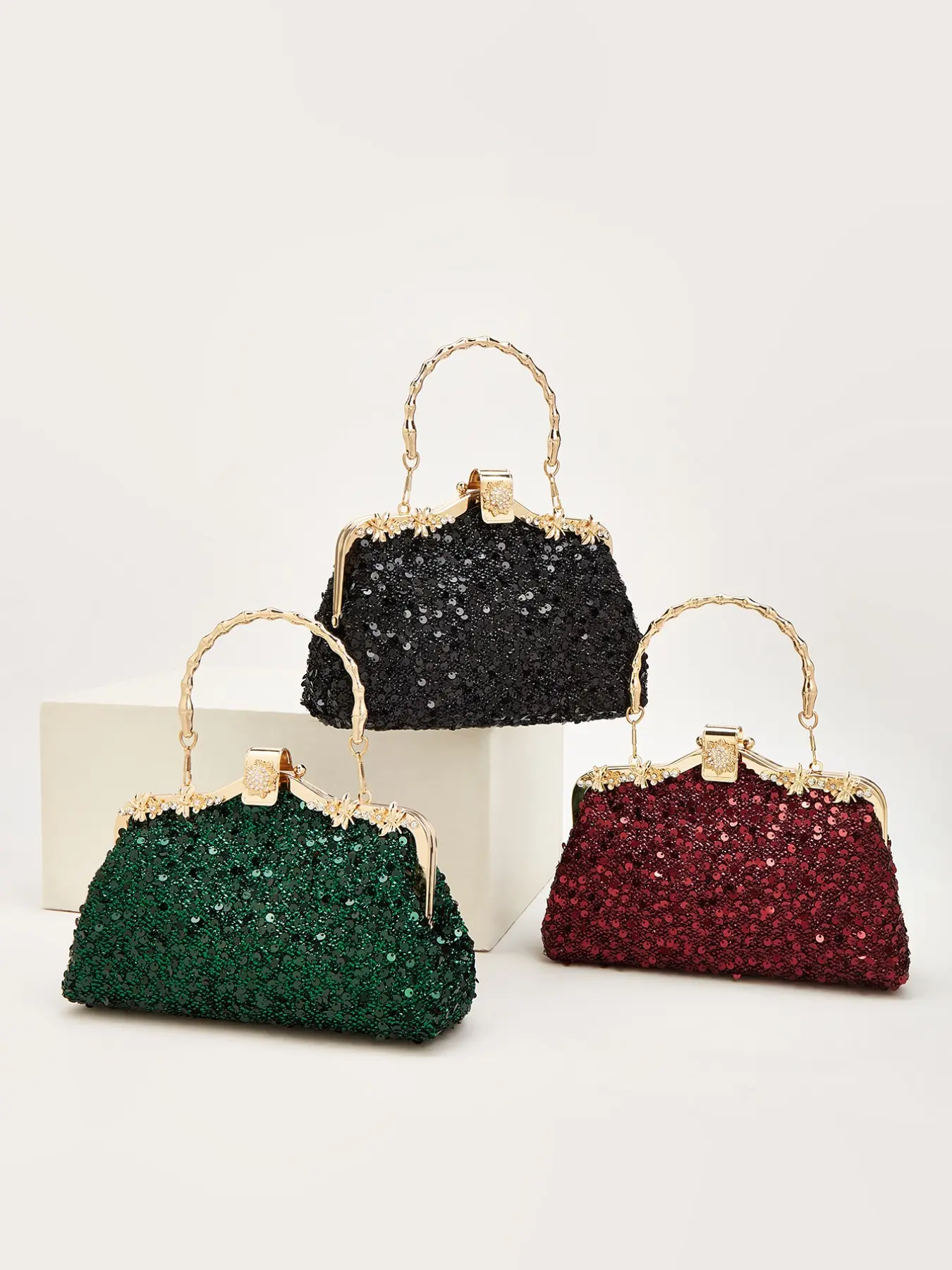 PC 3 Colors Sequin Kiss-Lock Glittery Clutch Bag, Sparkly Evening Purse with Twisted Handle & Floral Clasp, Elegant Party Handbag for Wedding Prom