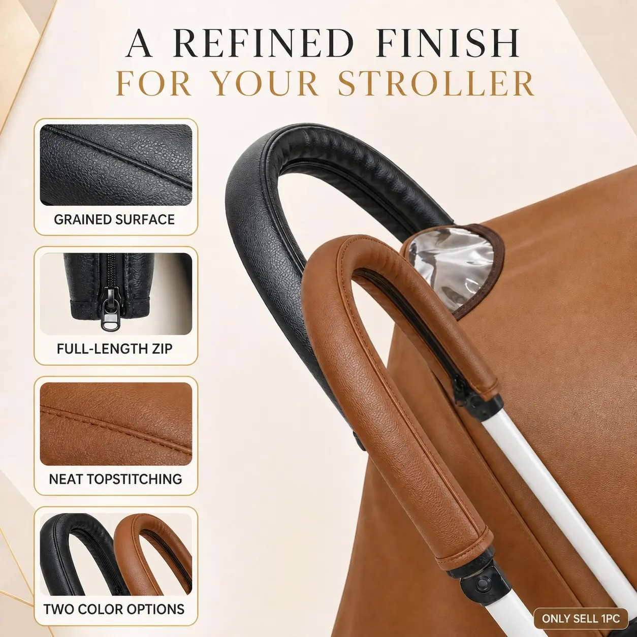Universal PU Leather Stroller Handle Grips with Zipper, Non-Slip Stroller Handle Protector, Sweat-Absorbing Stroller Handle Pads