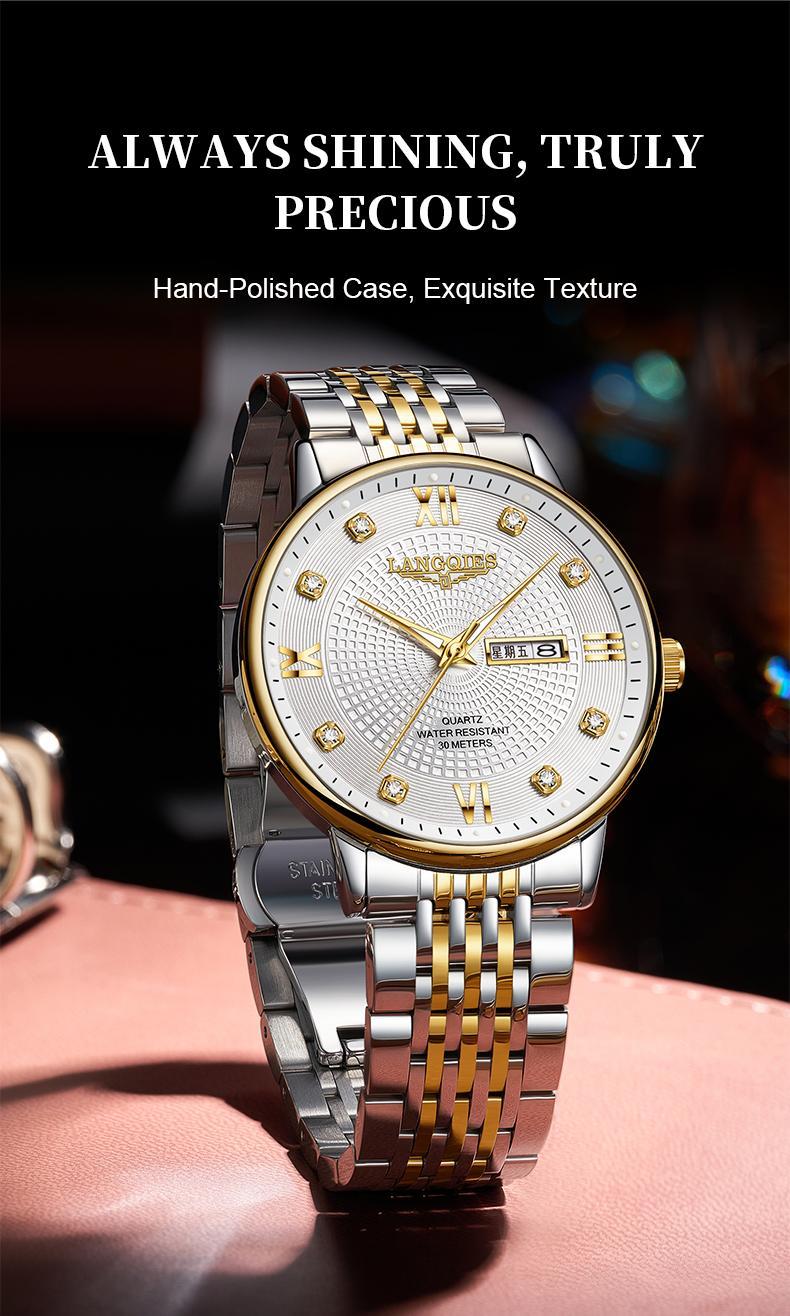 LANGQIES Elegant Multi-Function Men's Watch with Original Swiss Movement, featuring Dual Calendar, 42mm Dial, Sapphire Crystal, Stainless Steel Band, and Luminous Water-Resistant Design.