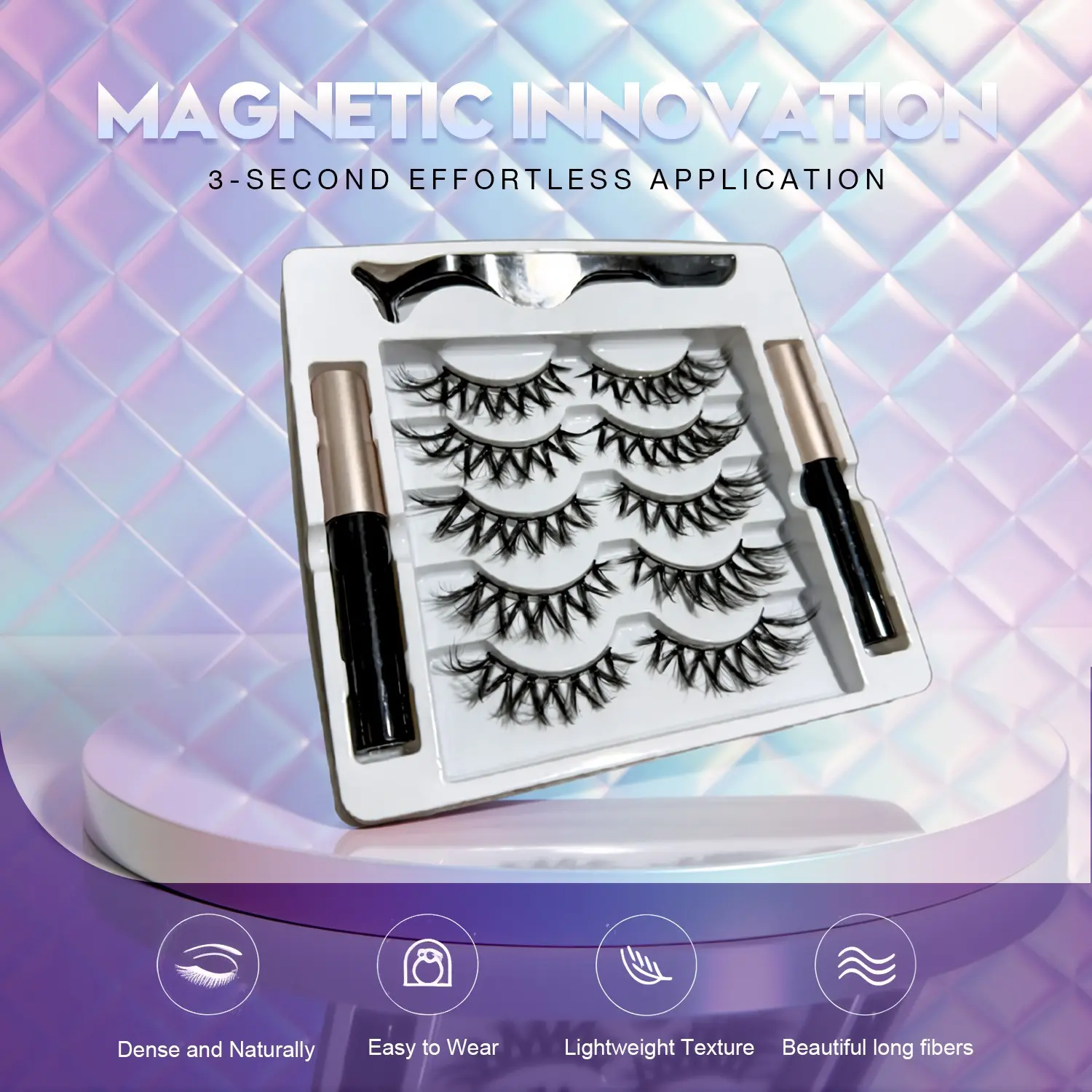 Invisible Cross Dense False Eyelashes 008 Set of Five, Magnetic Eyeliner Pen Included, Easy to Wear, Reusable, Non-Toxic, Fake Eyelashes