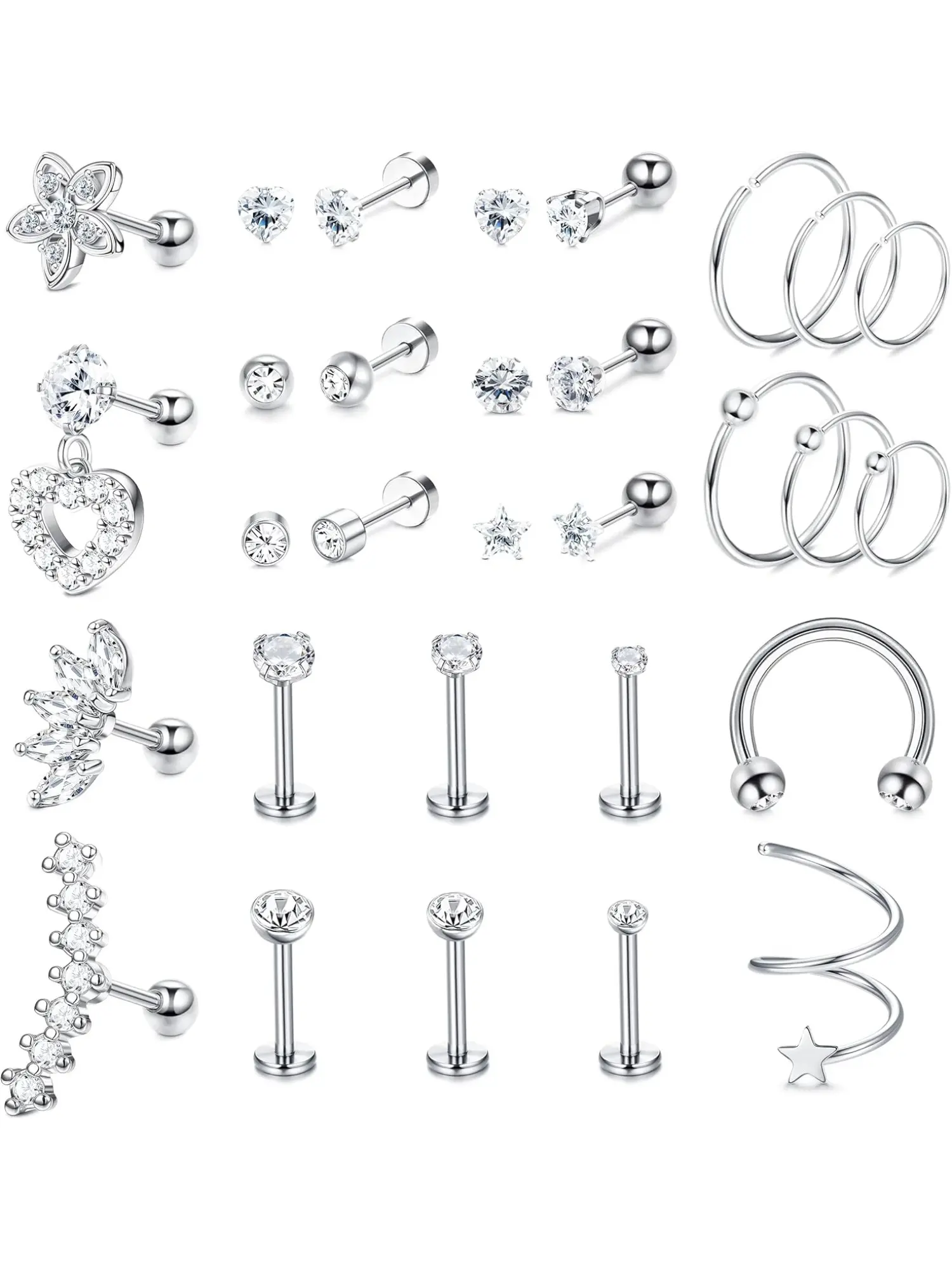 30pcs Ear Piercing for Women Stainless Steel Forward Helix Tragus Conch Ear Piercing Set Septum Labret Piercing Clicker Ring Helix Ear Cartilage Piercing Stud Jewelry Silver